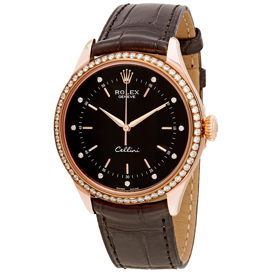 Cellini Time Black Diamond Dial Automatic Men's Leather Watch