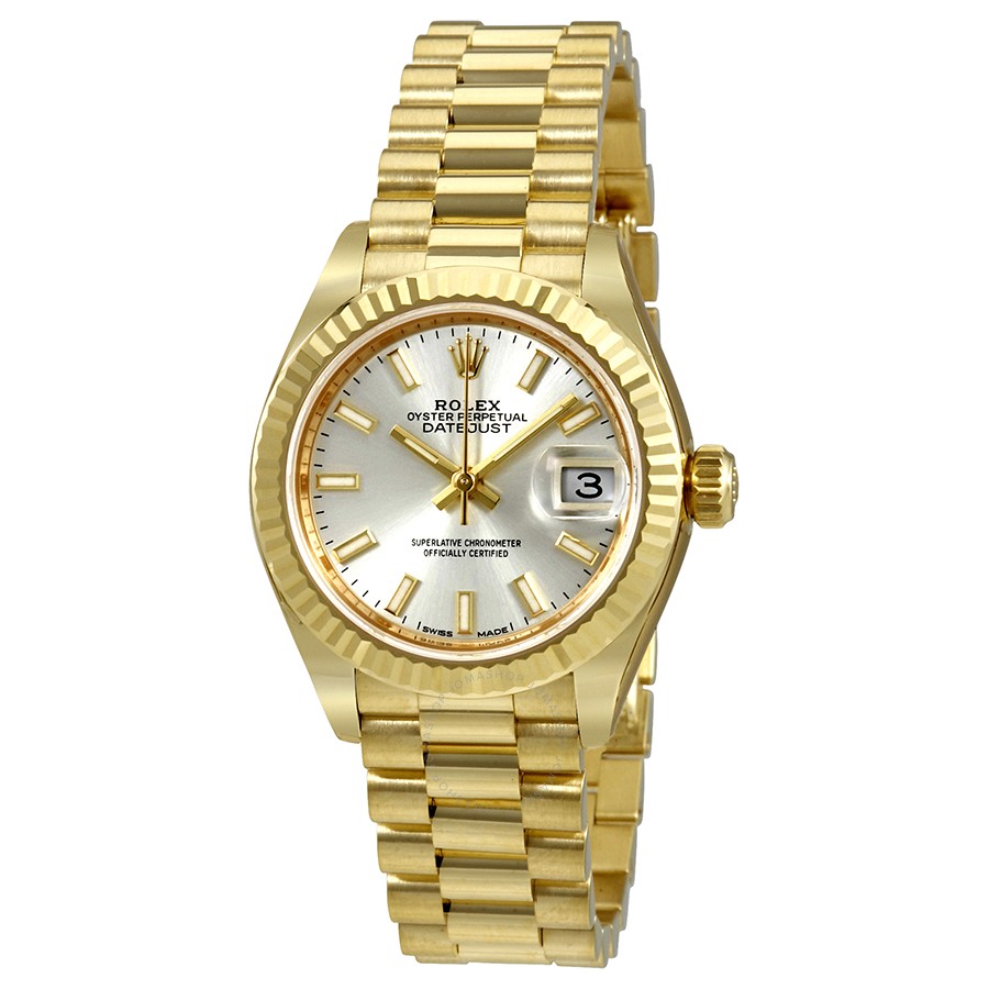 Lady-Datejust 28 Silver Dial 18K Yellow Gold President Automatic