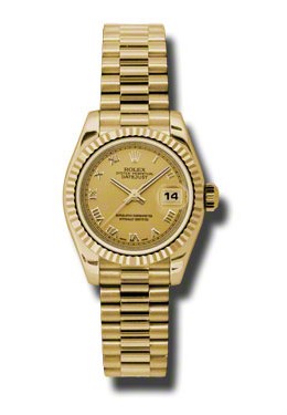 Lady Datejust Champagne Roman Dial 18k Yellow Gold Case and Beze